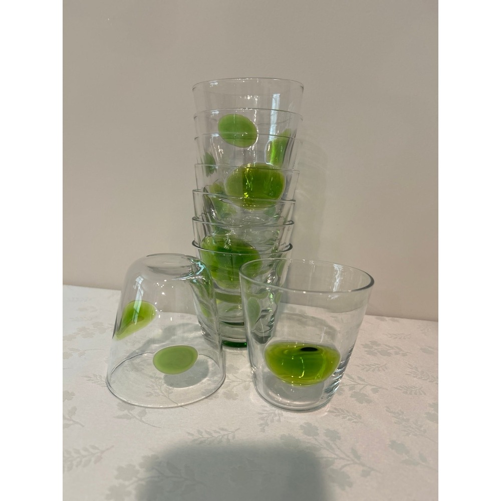 9 IKEA FABULÖS Hand Blown Green Dot Glass Tumblers Vtg 90s Gunnel Sahlin